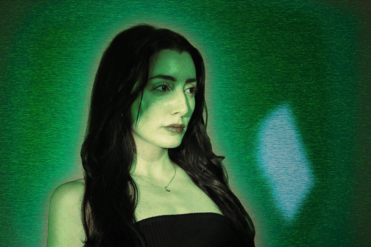 A green, high-contrast halftone-and-scanline portrait of a woman glancing sideways, textured like an old screen print.